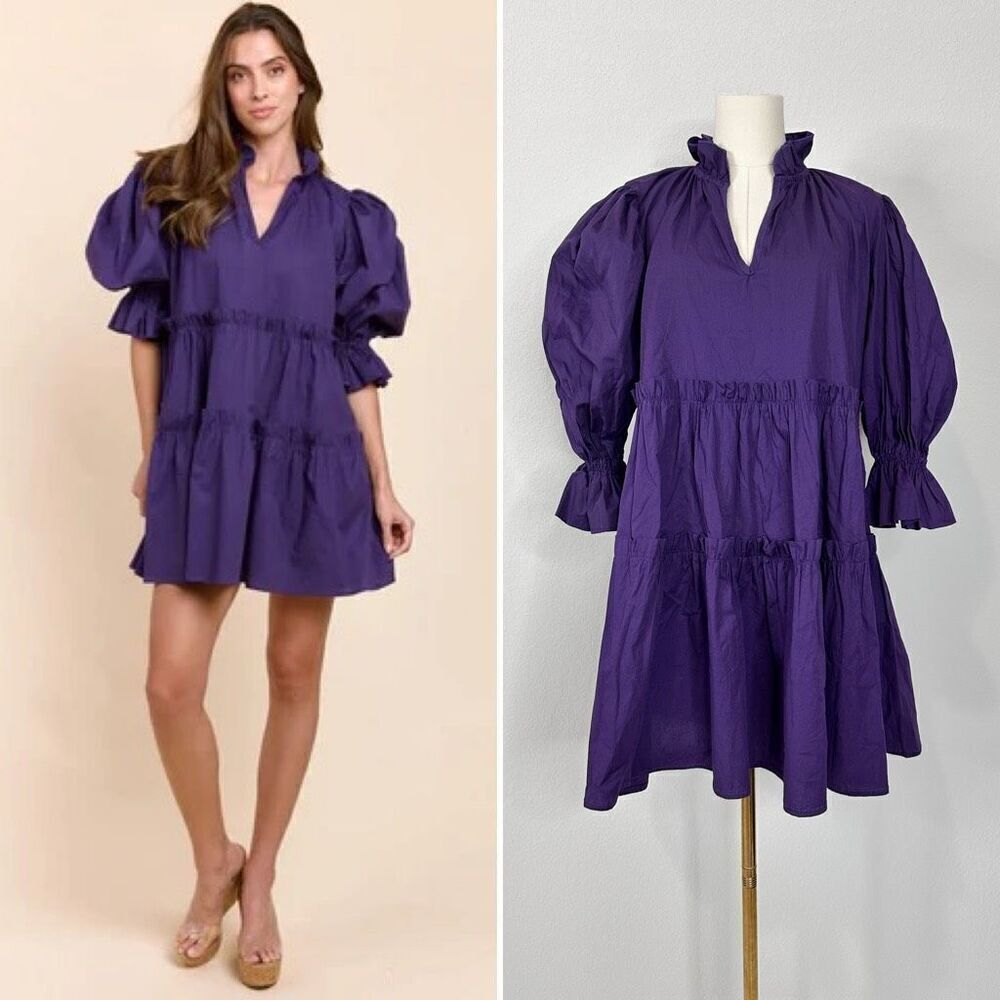 Sofia Collection Italy Georgia Dress OS Purple Cotton Preppy Cottage Boho NWT